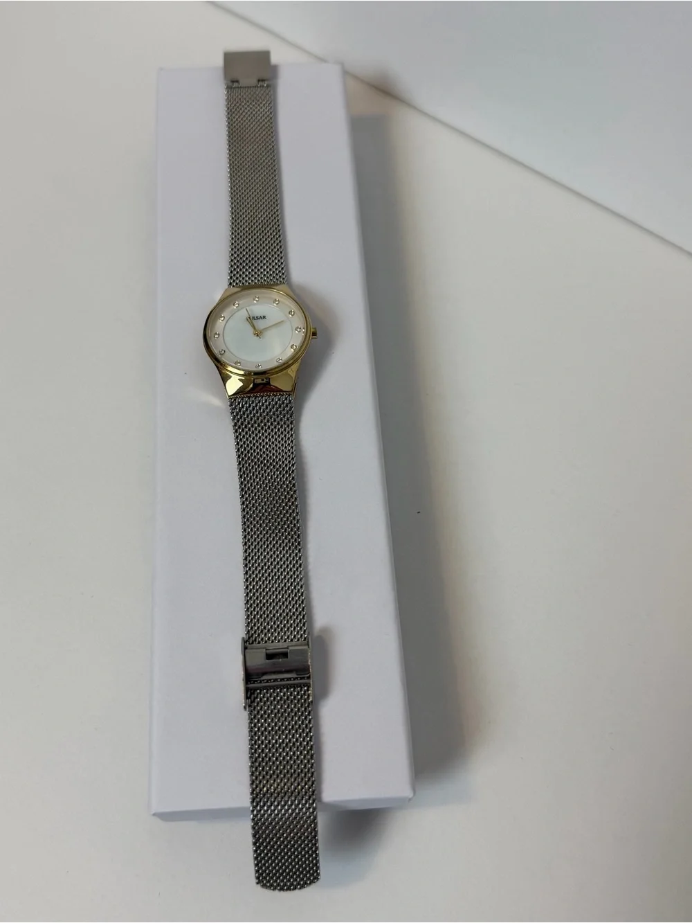 Pulsar Ladies Watch with Gold Plated Case and Stainless Steel Milanese Mesh Band